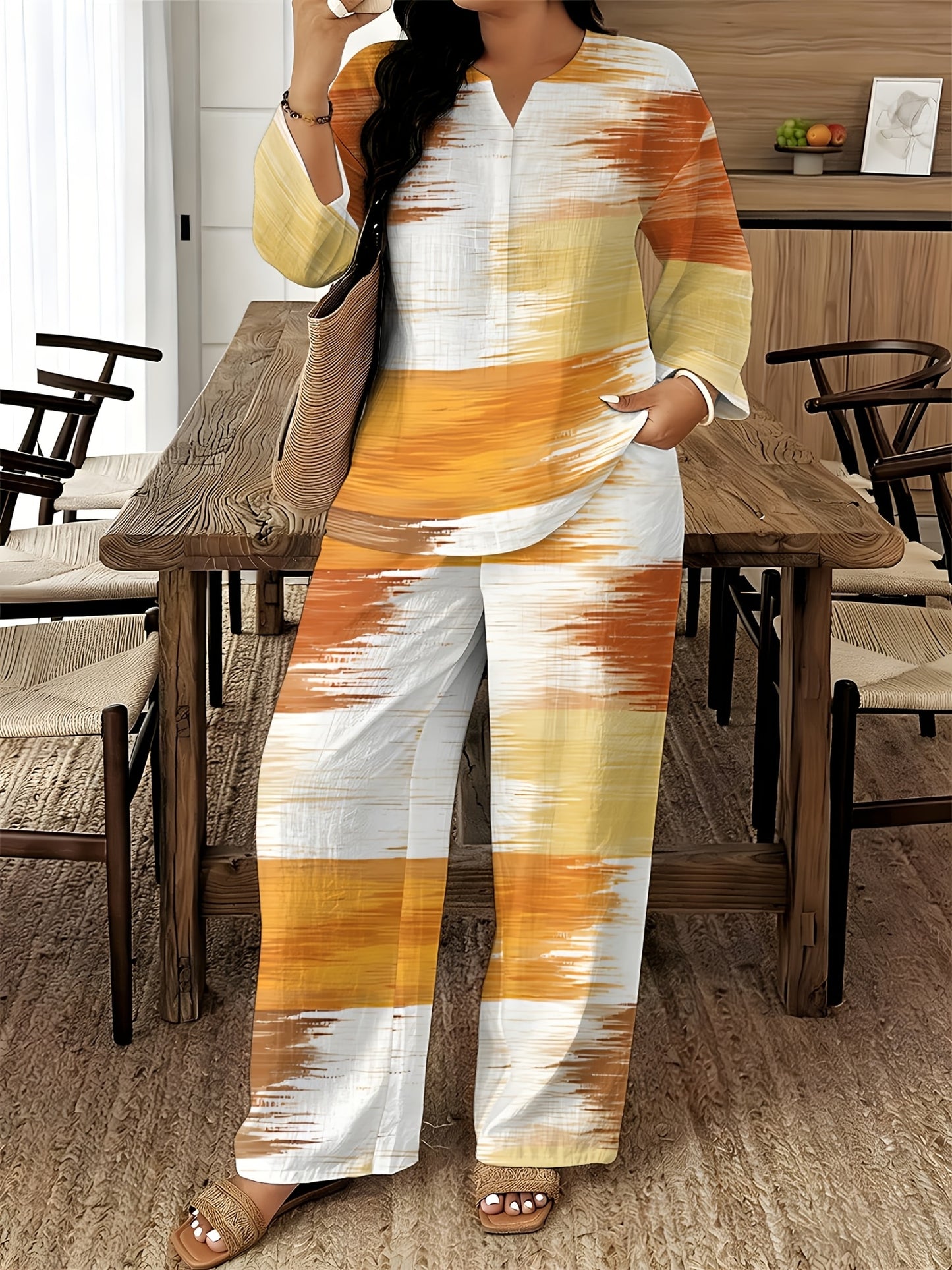 2026 New Women's Standard Size Long Sleeved Pants 2pcs Set, Set, Spring And Summer New V-Neck Long Sleeved Shirt Printed Elastic Waistband Pants 2pcs Set, Digital Printing Machine Washable Fabric, Elegant And Comfortable