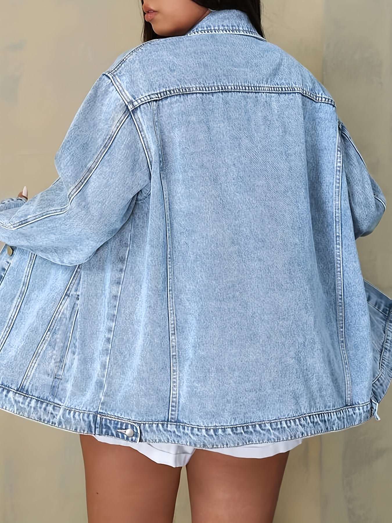 Plus Size Solid Color Collared Button-Front Denim Jacket - Women's Mature Stylish Street Casual Style Loose Fit Daily Comfortable Autumn Winter Plus Size Denim Top