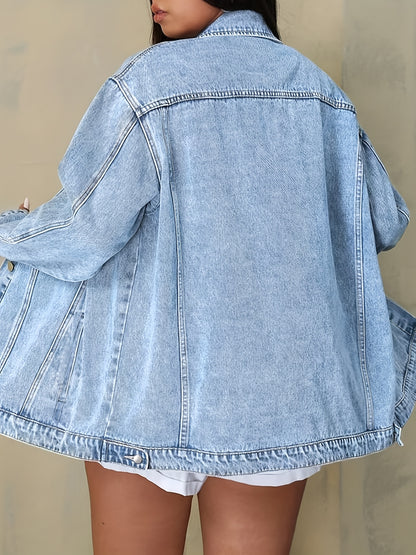Plus Size Solid Color Collared Button-Front Denim Jacket - Women's Mature Stylish Street Casual Style Loose Fit Daily Comfortable Autumn Winter Plus Size Denim Top