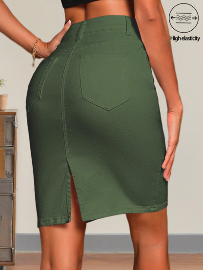 Women' High Waisted Olive Green Denim Pencil Skirt, Mid-Thigh Length Slim Fit with High Elasticity Stretchy Fabric, Featuring Button Front, Side Pockets and Back Slit Design, Casual Vintage Y2K Style for Spring and Summer Outfits