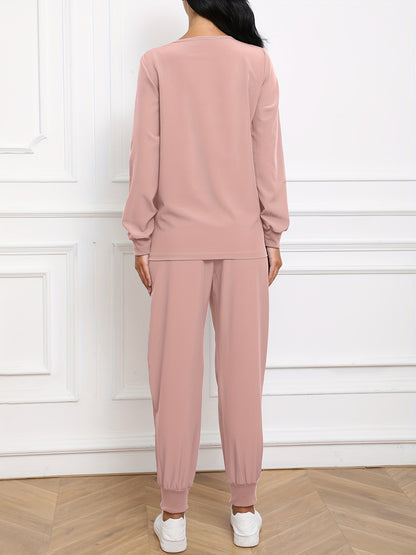 Women'S V-Neck Long Sleeve Elastic Uniform Set with Pockets, Breathable Stretch Top And Waist Cord Pocket Pants Two-Piece Set
