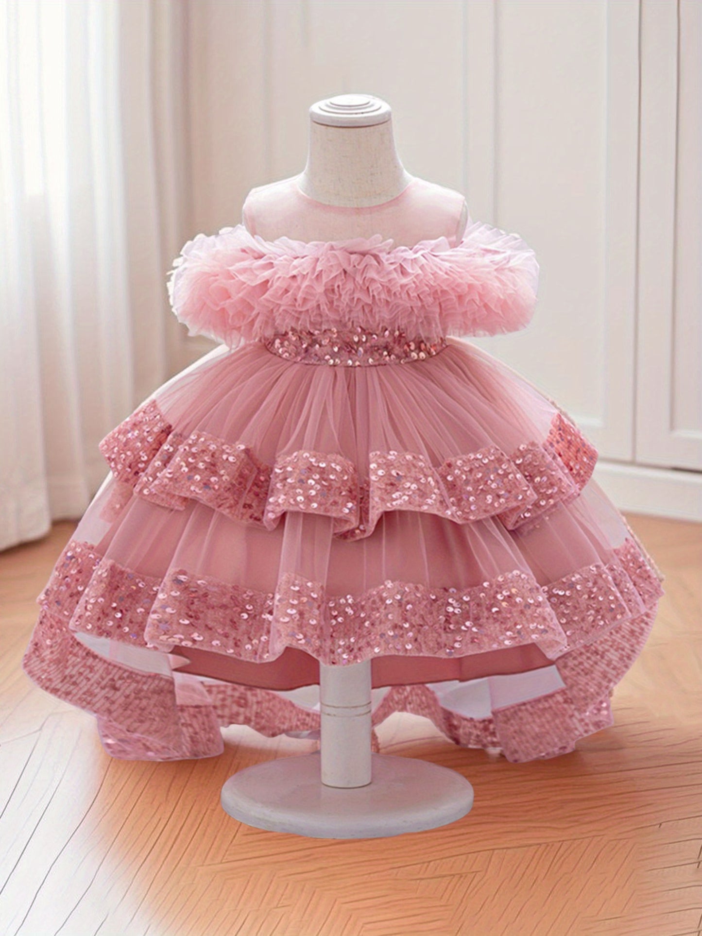 Kids Toddler Baby Girls Tulle Ball Gown Shiny Sequins Round Neck High Low Party Dresses for Birthday Wedding Dress