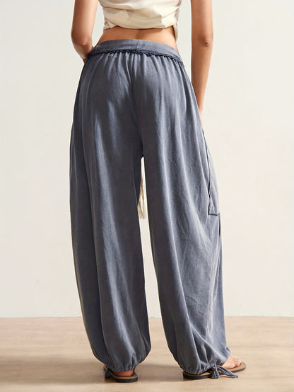 Spring and Summer Women's Bohemian Style Independence Day Leisure Vacation Solid Color Loose Women's Pants, Daily Festival Home Indoor Comfortable Wear