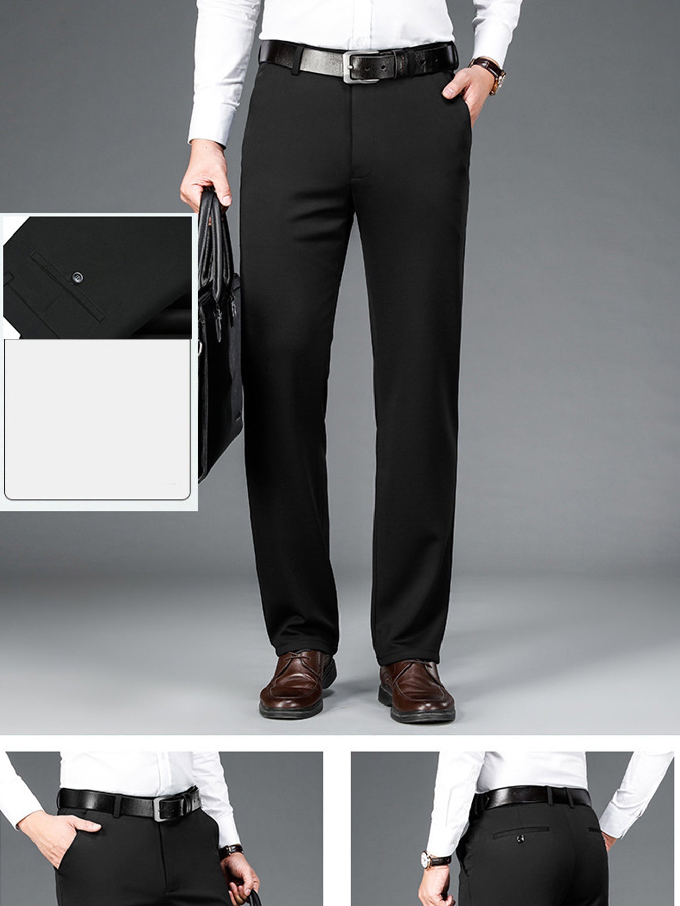3pcs Set of Men's High-stretch Wrinkle-resistant Straight-leg Dress Pants, High-waisted Business Casual Long Pants, Button and Zipper Design, Machine Washable, Classic Solid-color Dress Pants for All Seasons, Professional Attire, Durable Fabric, F