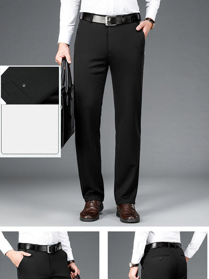 3pcs Set of Men's High-stretch Wrinkle-resistant Straight-leg Dress Pants, High-waisted Business Casual Long Pants, Button and Zipper Design, Machine Washable, Classic Solid-color Dress Pants for All Seasons, Professional Attire, Durable Fabric, F