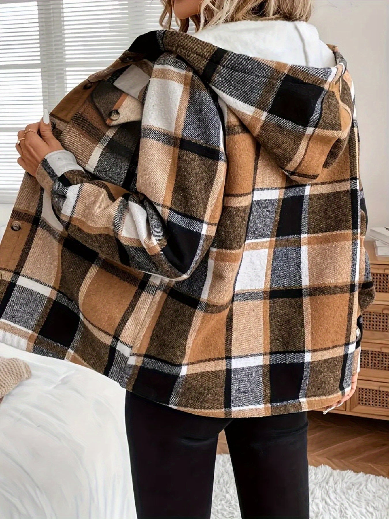 Fall & Winter Essential: Women's Plaid Hooded Jacket. Lining for Warmth, Front - Button Design, Adjustable Drawstring Hood. Washable In Brown, Red, Green, Black, Blue. Durable & Soft Fabric, Suitable for All - Day Comfort In Casual Settings.