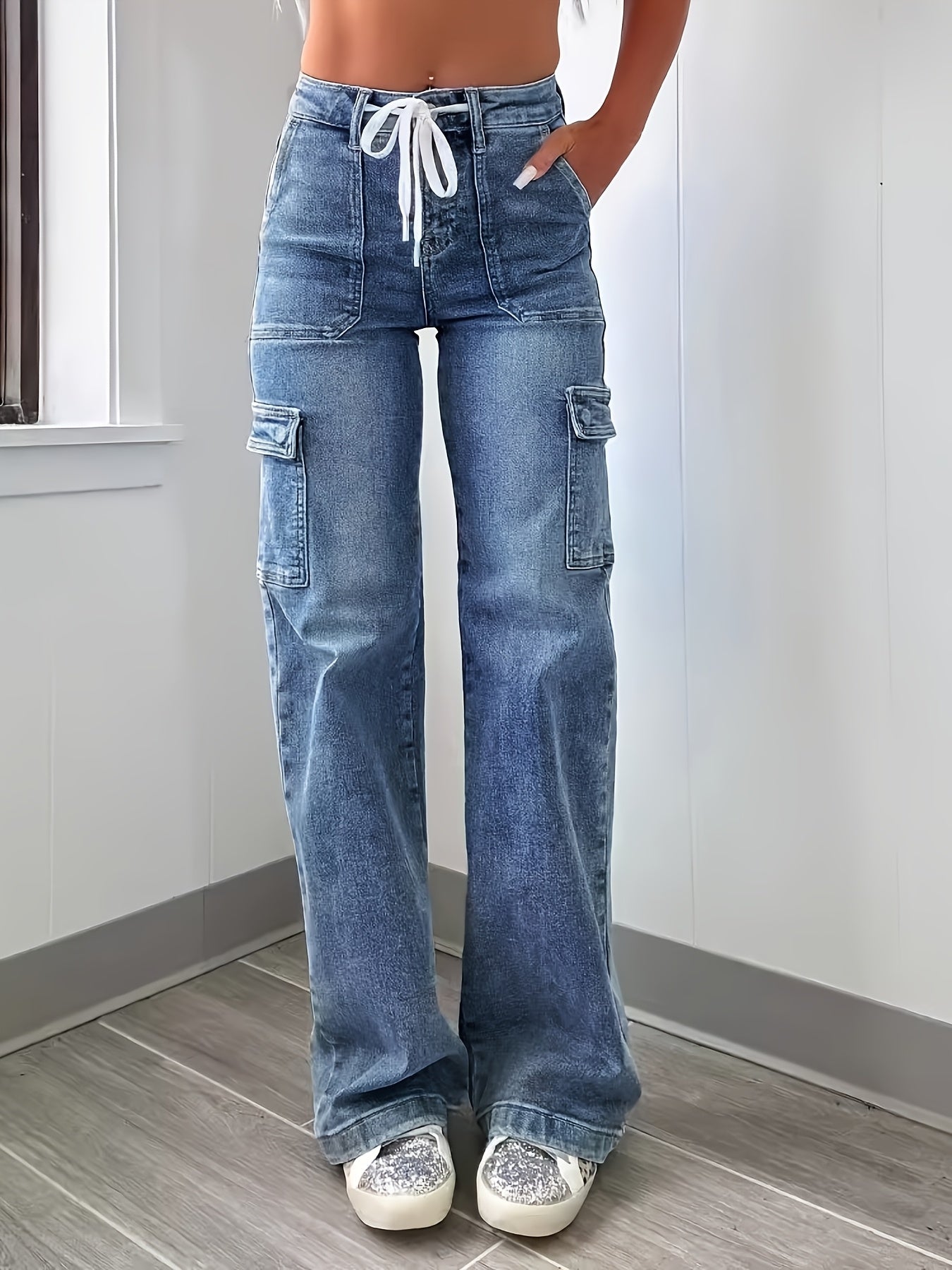 Women's Casual Fashion Denim Fabric Sweatpants Jeans - 2025 New Style Straight-leg with Laces and Multiple Pockets, Fit Womenswear