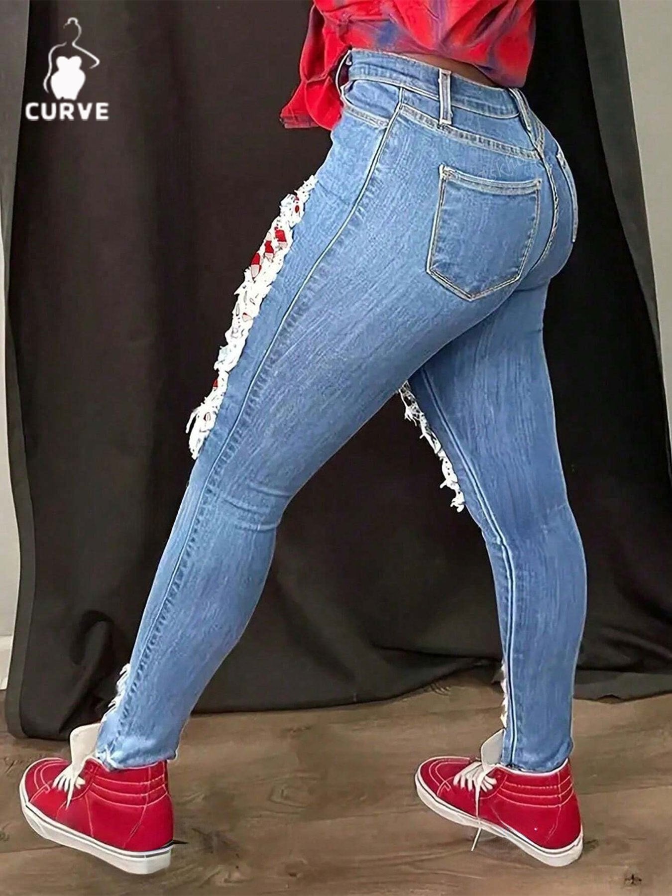 New Fashion! Women's Plus Size Skinny Stretch Jeans, Distressed Patch Decor, Casual Slim - Fit Denim Pants