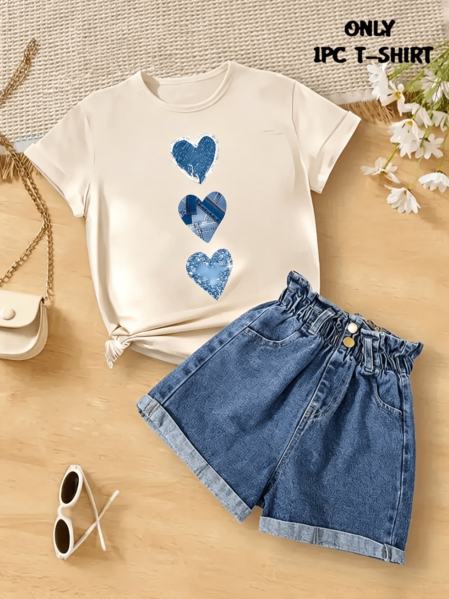 1pc White T-shirt with Blue Heart Print - Stylish Casual Short Sleeves, Unique Design, Perfect for Summer Outfits. Pair with a Fashionable Beige Handbag and Trendy Fashion Glasses for a Complete Look....