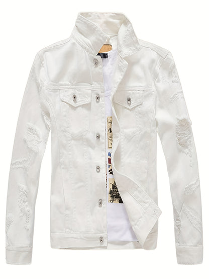 Men's Denim Jacket Fashion Slim Fit Ripped Cotton Stretch Denim Trendy Outerwear