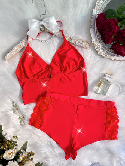 Spring/Summer New Gift Set: Solid Color Lace Trim Halter Neck Tie-Back Button-Up Open-Back Lace Trim Soft Skin-Friendly Sexy Home Sleepwear Set
