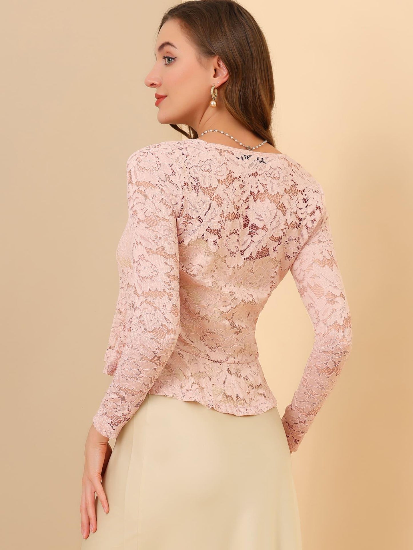 Women's Sheer Crop Bolero Cardigan - Semi-Sheer Lace Shrug with Ruffled Hem & Tie-Front Closure, Blouse for Sleeveless Dresses/Tank Tops (Machine Washable, Spring/Summer Wedding/Office/Cardigan) - 90% Nylon/10% Spandex