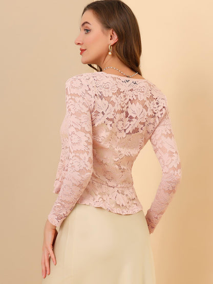 Women's Sheer Crop Bolero Cardigan - Semi-Sheer Lace Shrug with Ruffled Hem & Tie-Front Closure, Blouse for Sleeveless Dresses/Tank Tops (Machine Washable, Spring/Summer Wedding/Office/Cardigan) - 90% Nylon/10% Spandex