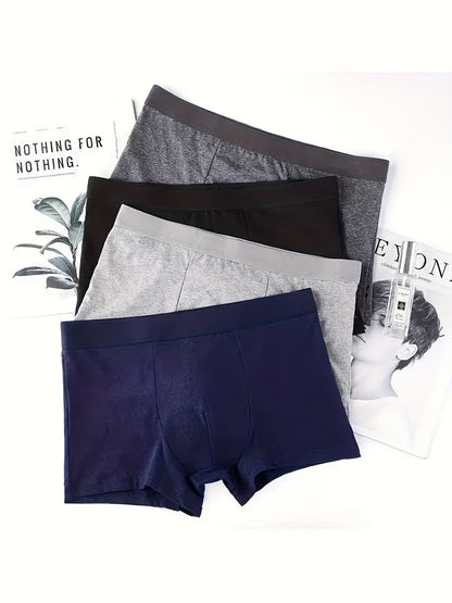 4pcs Men's Cotton Boxer Briefs - Breathable Stretch Comfort Waistband, Mid-Stretch Fabric, Solid Colors (Black/Navy/Gray/Blue) for Casual & Athletic Wear