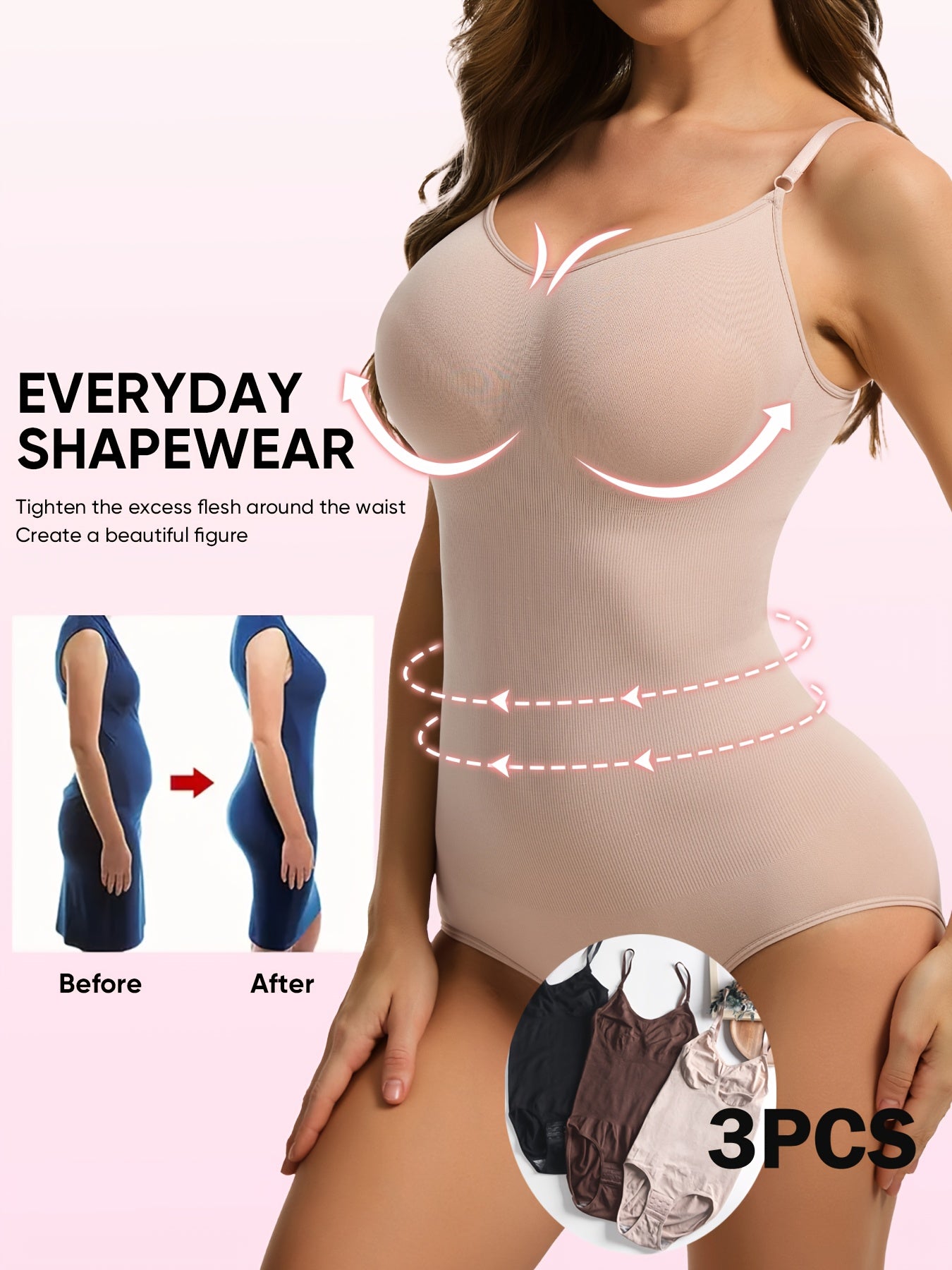 [3pcs Bodysuits Tummy Control] 3pcs Seamless Body Shaping Bodysuits for Tummy Control, Solid Color, Bodysuits, Fabric, Butt Lifting And Butt Slimmer Body Shaper