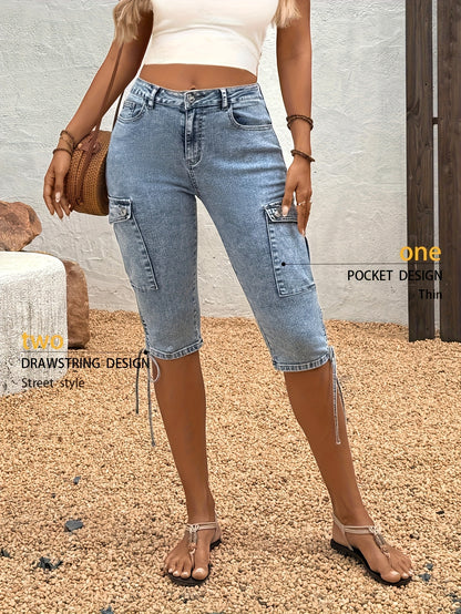 Drawstring Side Flap Pocket Side Cargo Jeans