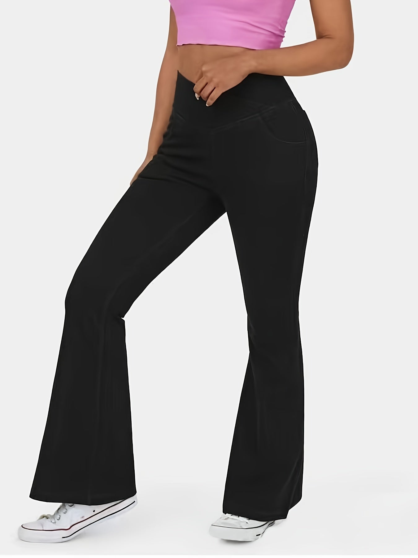 Women's High-Waisted Stretch Jeans - Wide-Leg Bell-Bottom Flared Pants with Cross-Waist , -Like Rayon//Spandex (75/23/2%), All-Season Casual to Dressy Wear, Wrinkle-Resistant Trousers