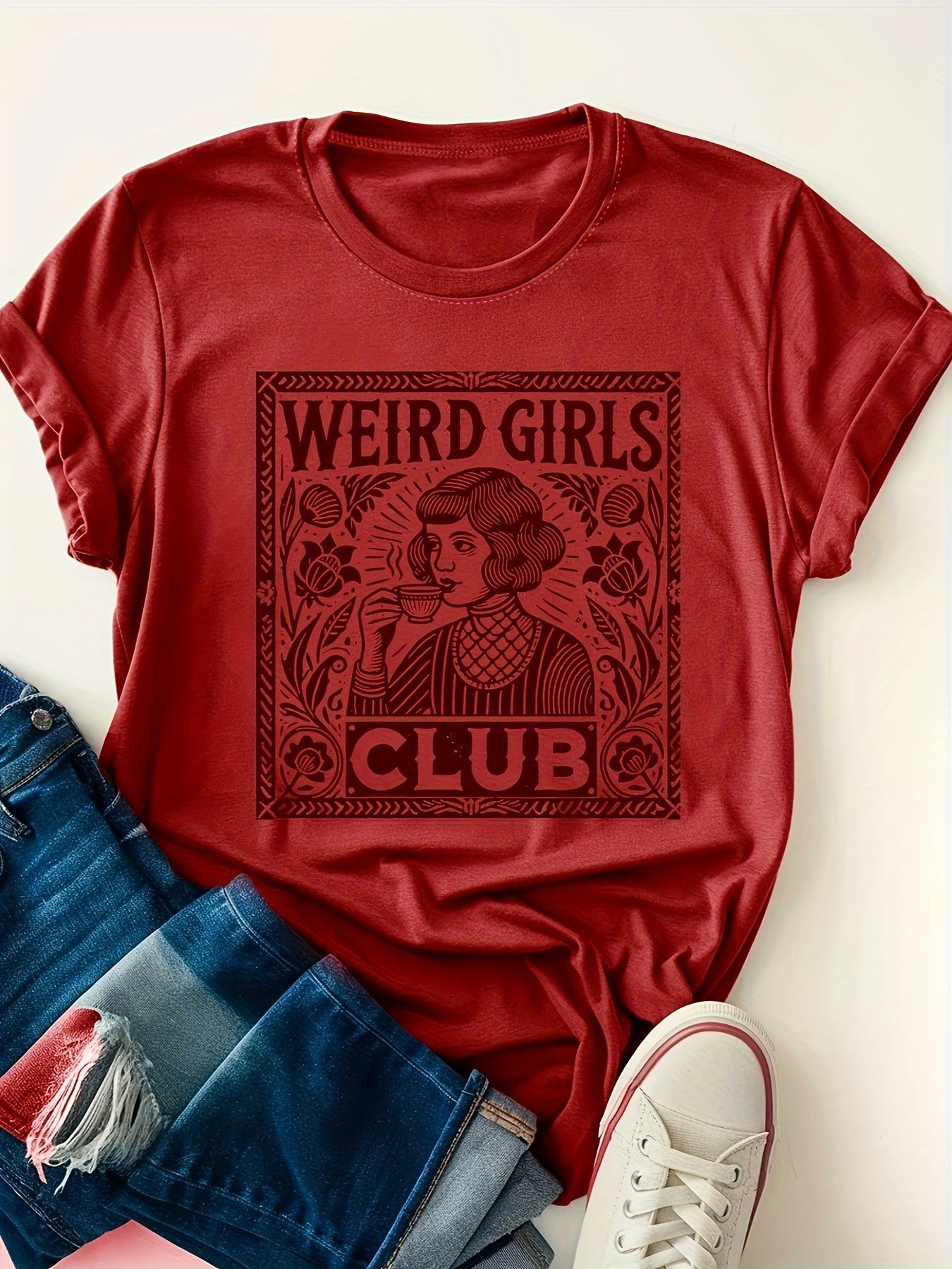 Large size Weird Club Graphic Print T-Shirt, Short Sleeve Crew Neck Casual Top for Summer and Spring, Women's Clothing, Birthday Gift, Friend Gift, Sister Gift