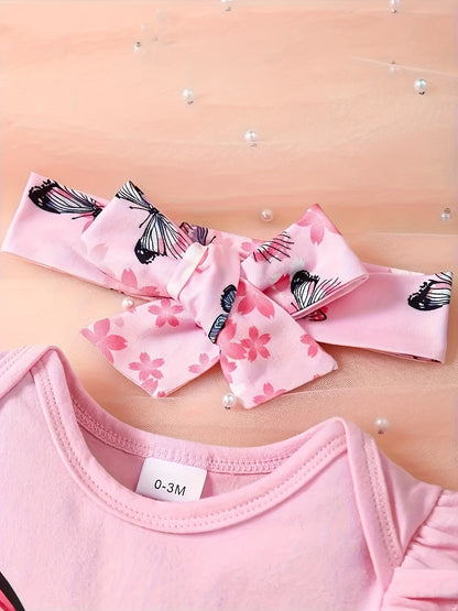 Baby Girl Cute Butterfly Patterned Round Neck Jumpsuit, Casual Bow Printed Shorts And Headband Three-Piece Set, for Outdoor