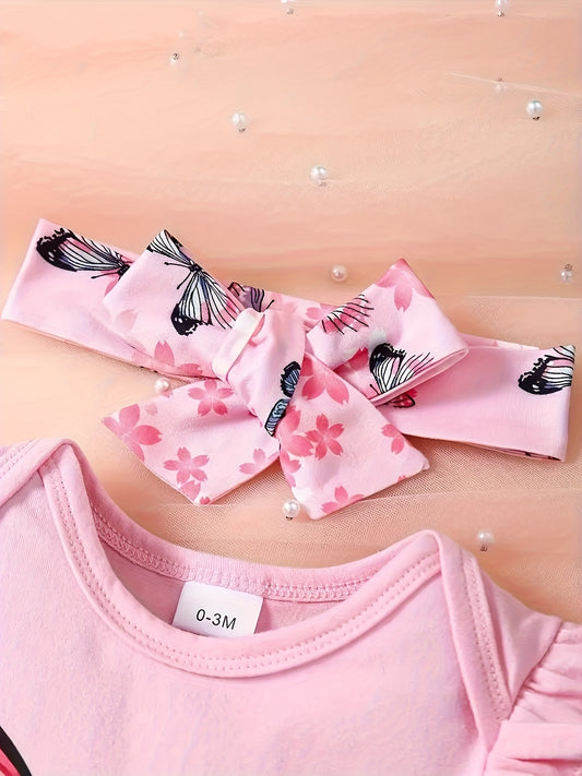 Baby Girl Cute Butterfly Patterned Round Neck Jumpsuit, Casual Bow Printed Shorts And Headband Three-Piece Set, for Outdoor