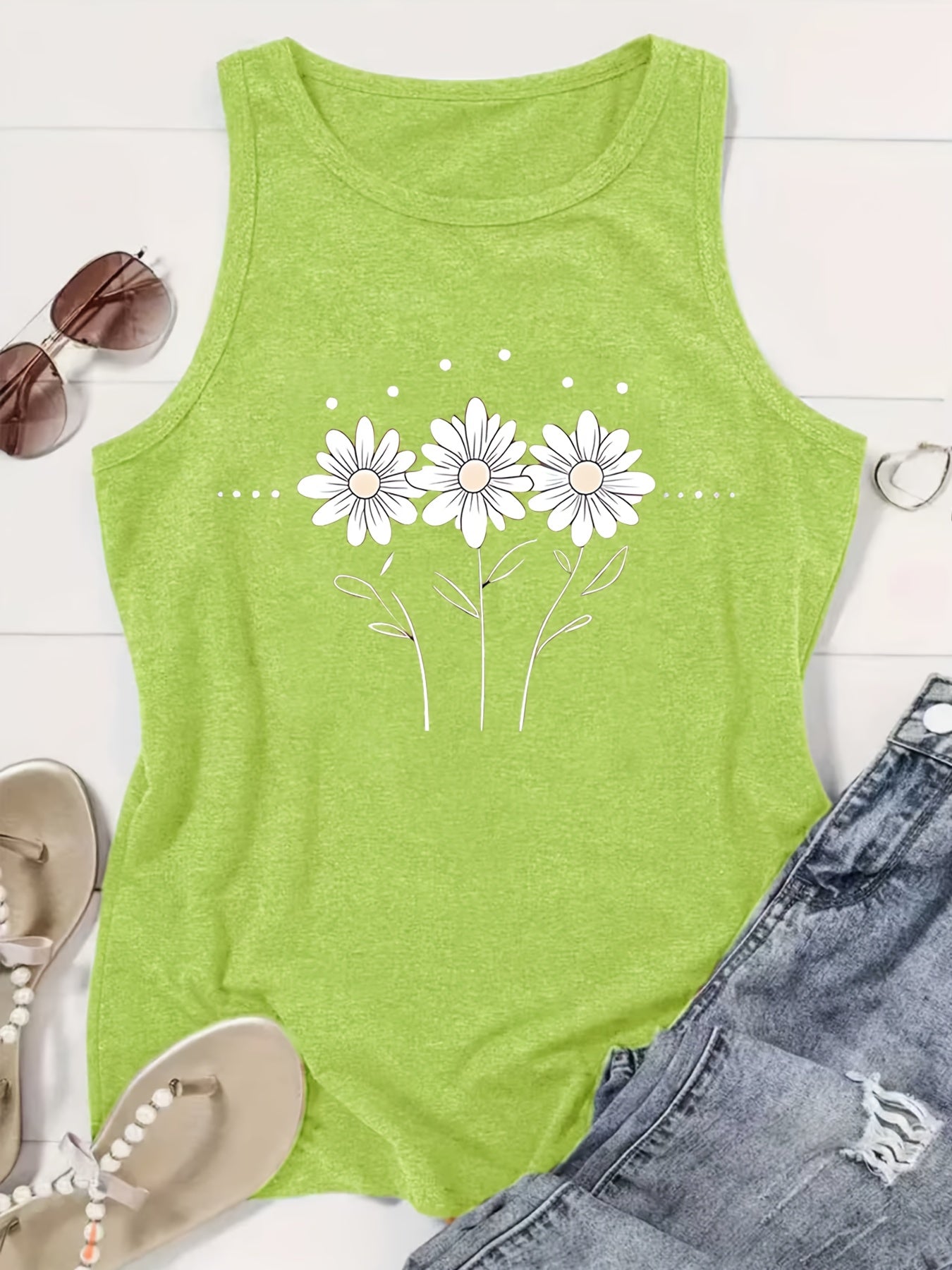 [Lightweight Summer Tops] Flower Pattern Print Crew-Neck Vest, Casual Sleeveless Women's Tops, Lightweight And Breathable, Suitable For Summer And Spring, Women's Clothing