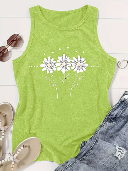 [Lightweight Summer Tops] Flower Pattern Print Crew-Neck Vest, Casual Sleeveless Women's Tops, Lightweight And Breathable, Suitable For Summer And Spring, Women's Clothing
