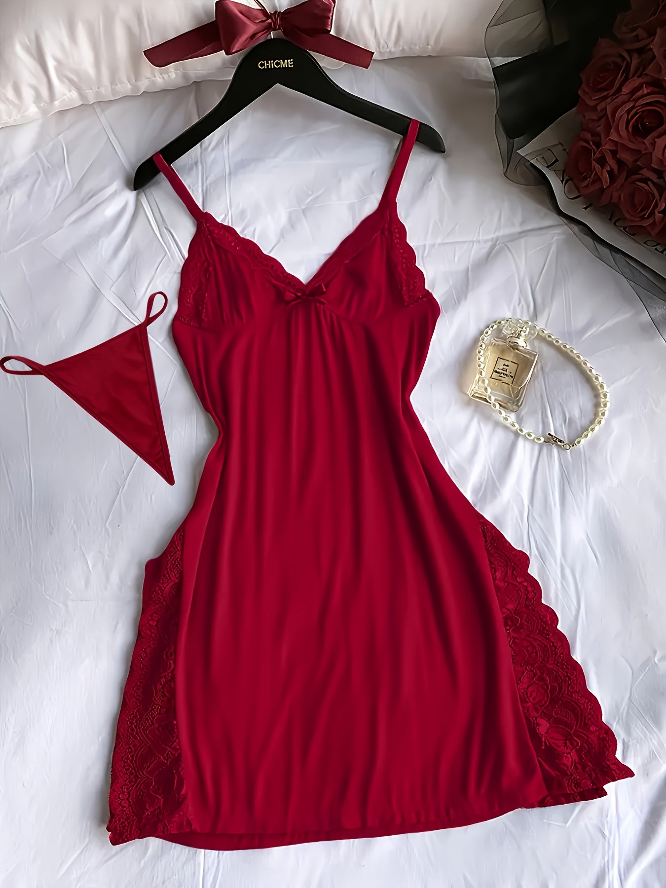 3 Women's Solid Color Lace Nightgowns, Side Split Design, Sexy Home Lace Nightgown