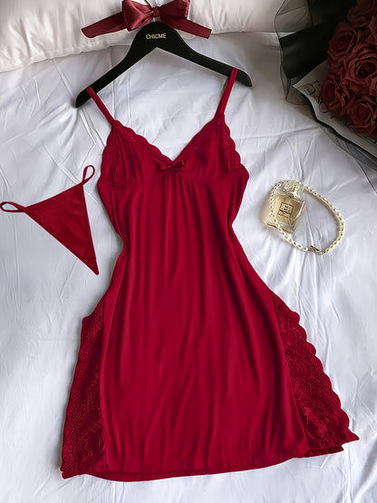 3 Women's Solid Color Lace Nightgowns, Side Split Design, Sexy Home Lace Nightgown