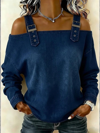 Women's Dress T-shirt with Elegant Style and Versatile Fit, Single-strap Collar, Shoulder Straps, Long-sleeved Top. Fashionable and Elegant for Women, Trendy.