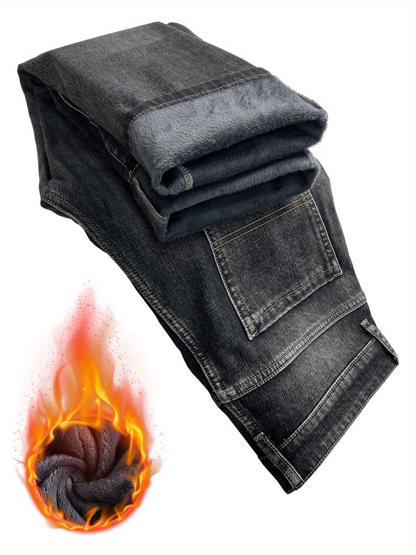 Men's Warm Fleece Stretch Jeans, Loose Casual Fleece Jeans, Straight Mid-waist Fashionable Versatile Jeans, Suitable For Daily, Business, Outdoor