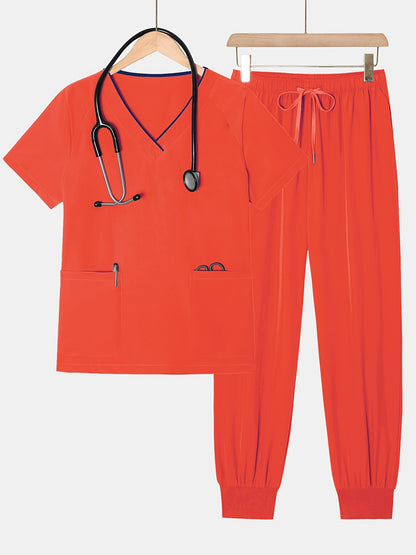 2pcs Set Of Top And Pants, Women's V-neck Frosted Breathable Pocket S Uniform, Brushed Hand Clothes, Work Clothes, Hand Washing Clothes, Pocket Clothes, Leg Binding Pants Set