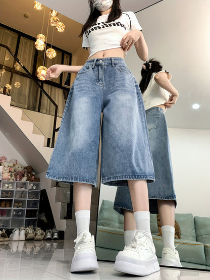 High-Waisted Denim Shorts for Women, Featuring a Casual Straight Leg Design with a Button Fly, Available in Solid Colors with a Slight Stretch And Washed Detailing, Perfect for Spring And Summer
