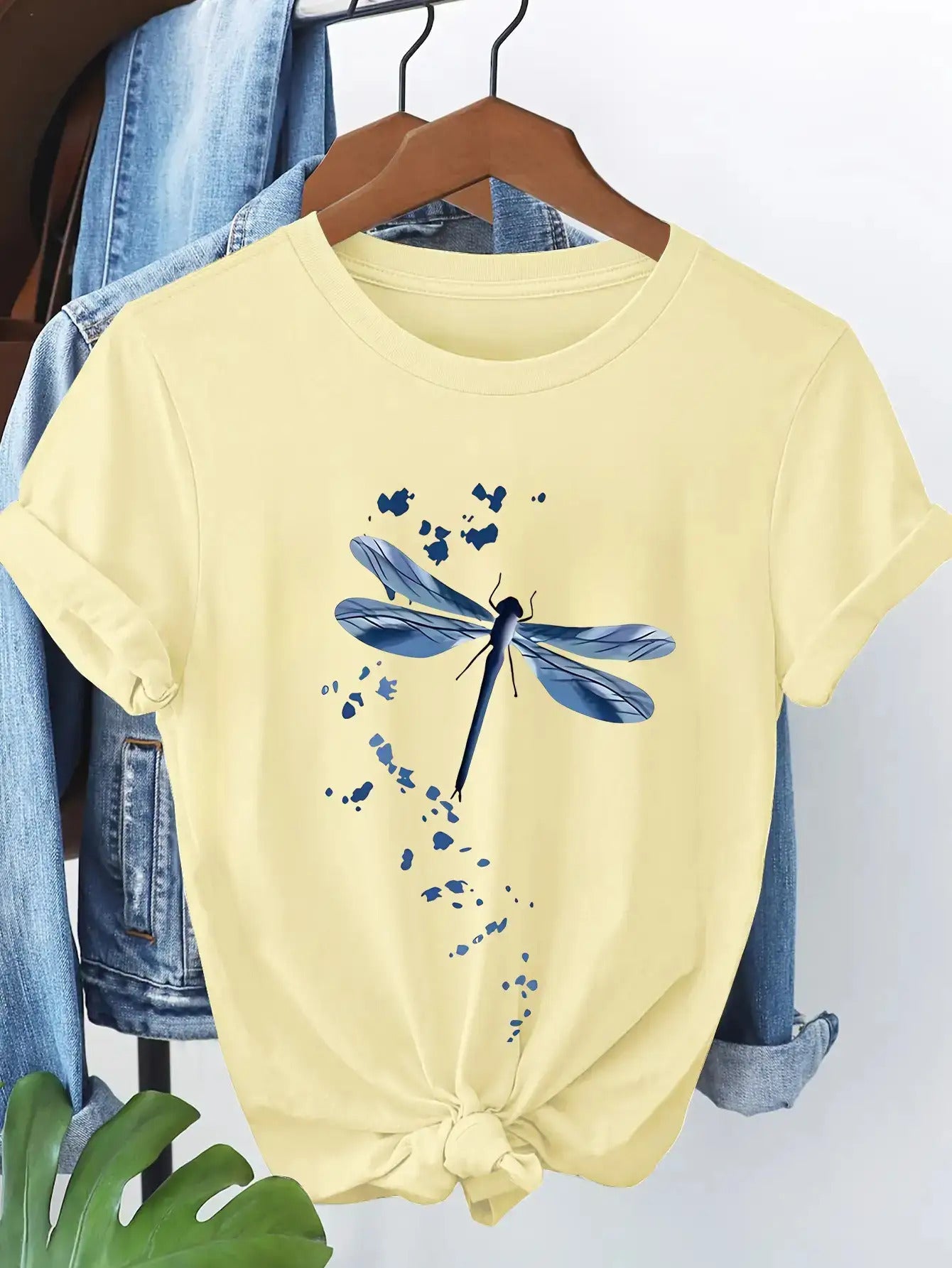 Women's Casual Short Sleeve T-Shirt- Light Yellow Dragonfly and Floral Print, Pure Round Neck Top, Machine Washable Non-See-Through Fabric, Breathable Versatile Outfit for Spring, Summer, and Autumn, Artistic Design, High-Quality Stitching, Trendy P