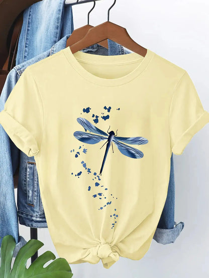 Women's Casual Short Sleeve T-Shirt- Light Yellow Dragonfly and Floral Print, Pure Round Neck Top, Machine Washable Non-See-Through Fabric, Breathable Versatile Outfit for Spring, Summer, and Autumn, Artistic Design, High-Quality Stitching, Trendy P