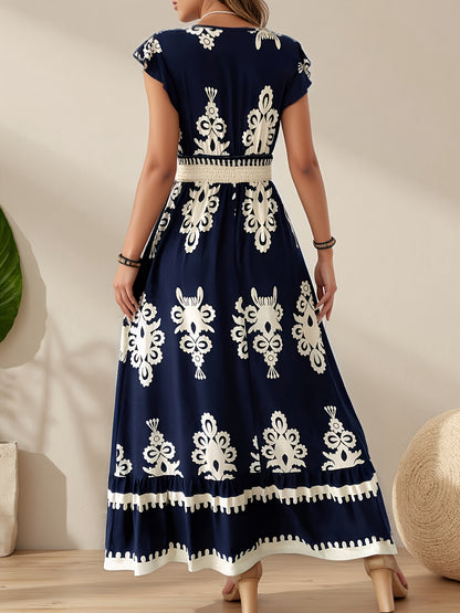 Fashionable Beach Dress for Women, Perfect for Spring And Summer Vacations, Featuring a Printed V-Neck And a Flowing Design