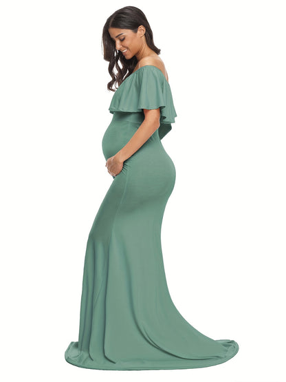 Womens Off Shoulder Maternity Dress Ruffles Elegant Slim Gowns Fit Maxi Photography Dress