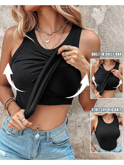 4-Pack Women'S Ribbed Seamless Built-in Bra Tank Tops Wide Strap Slim Lifting Skin-Friendly Base Layer| Lounge Yoga Office Sleep Daily Wear| Solid Color Machine Washable Multi-Season Layering Tops