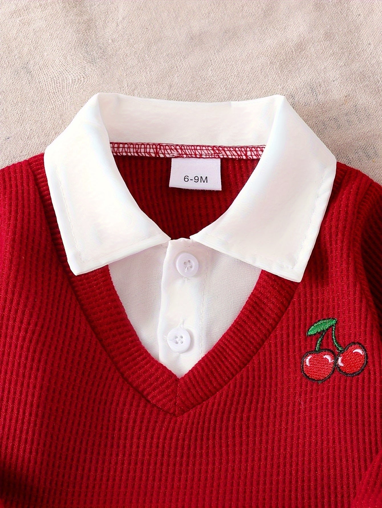 2pcs Baby Girls Set Notched Collar Ribbed Long Sleeve Faux Two-Piece Polo Shirt Cherry Embroidery Straight Leg Jeans Spring Fall Cute Casual Outdoor, for Outdoor