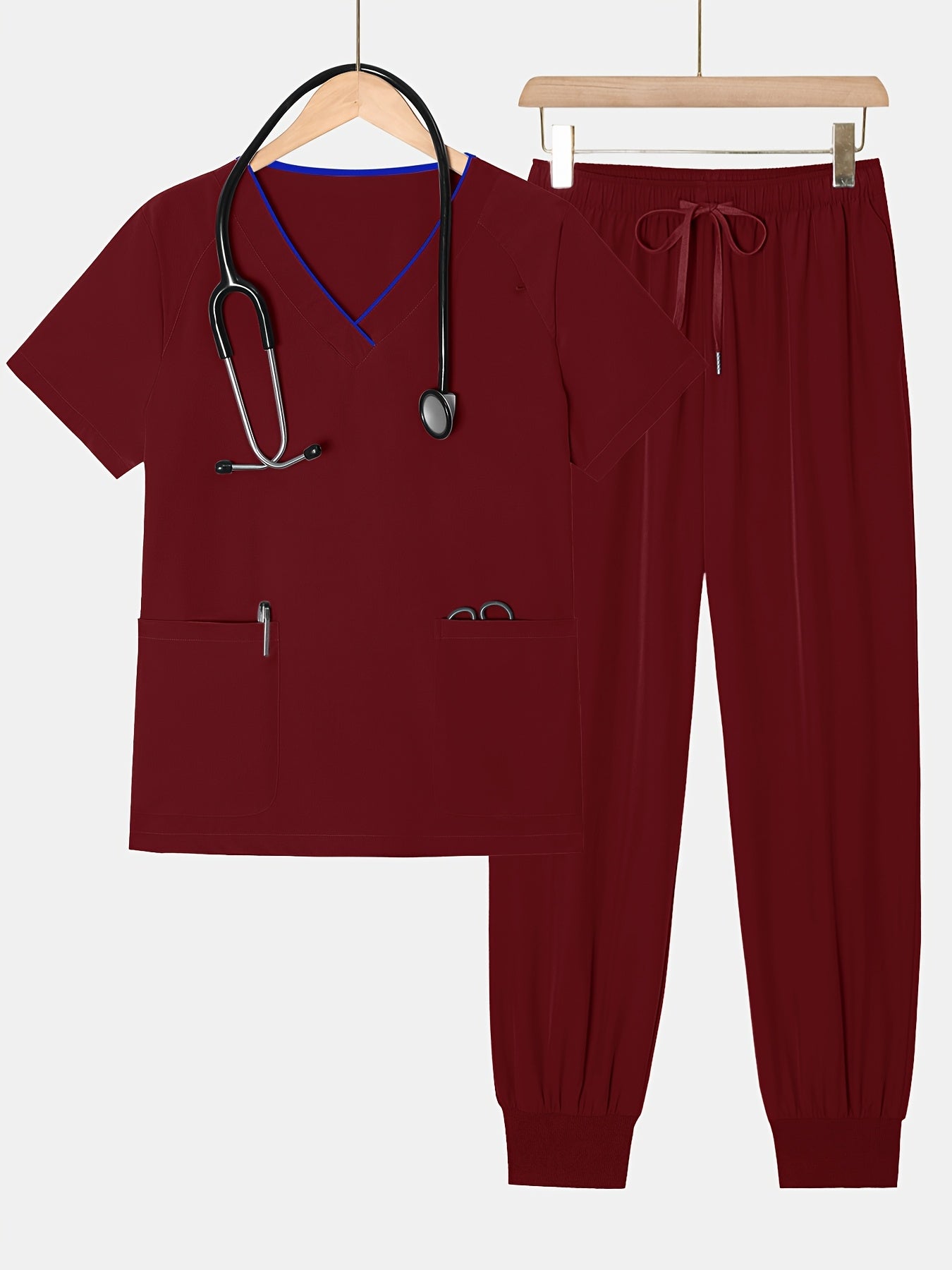 2pcs Set Of Top And Pants, Women's V-neck Frosted Breathable Pocket S Uniform, Brushed Hand Clothes, Work Clothes, Hand Washing Clothes, Pocket Clothes, Leg Binding Pants Set