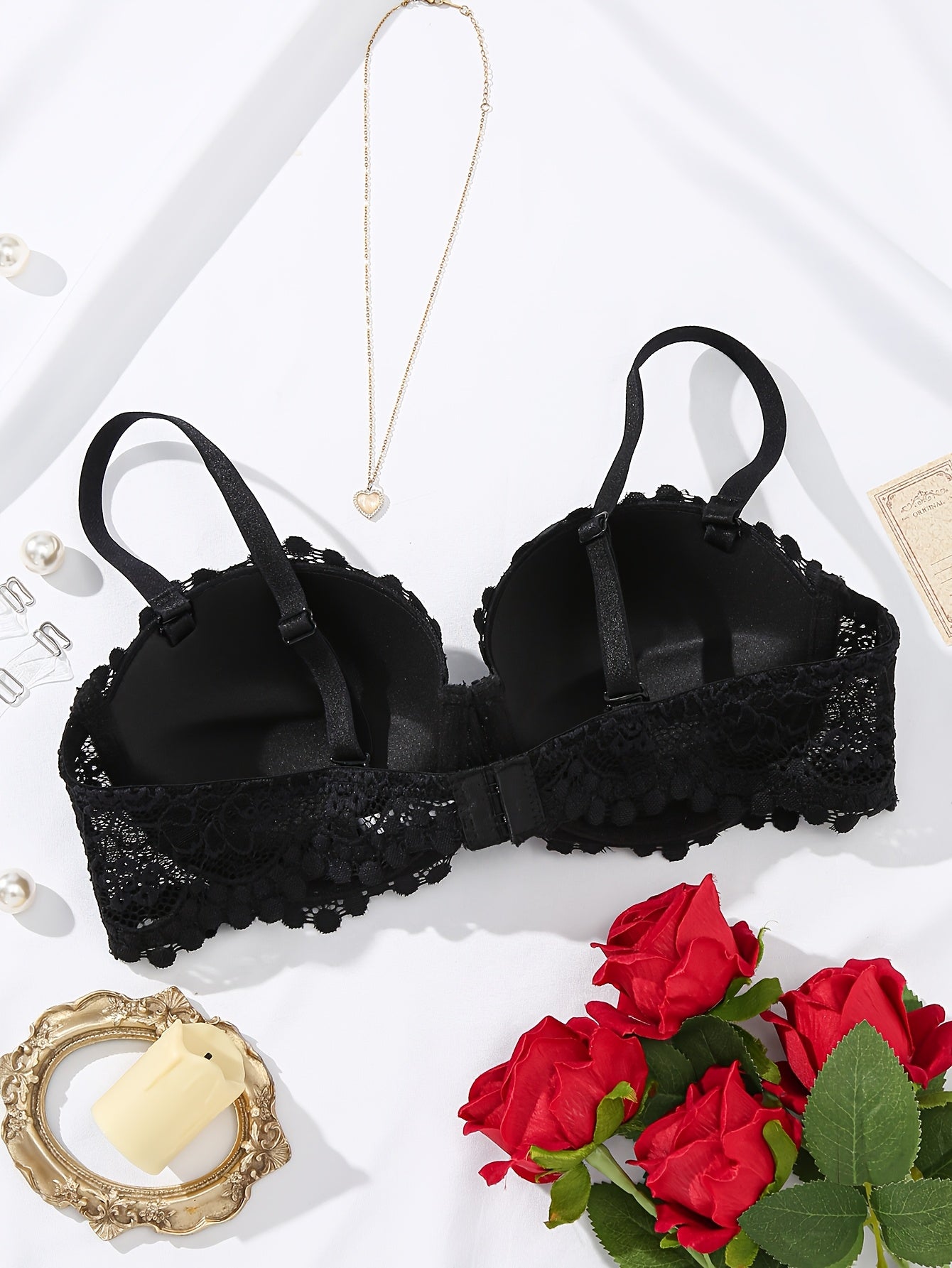 1pc Women'S White Lace Push Up Bra With Adjustable Straps, Floral Lace Bra With U-shaped Straps, Suitable For Everyday Occasions
