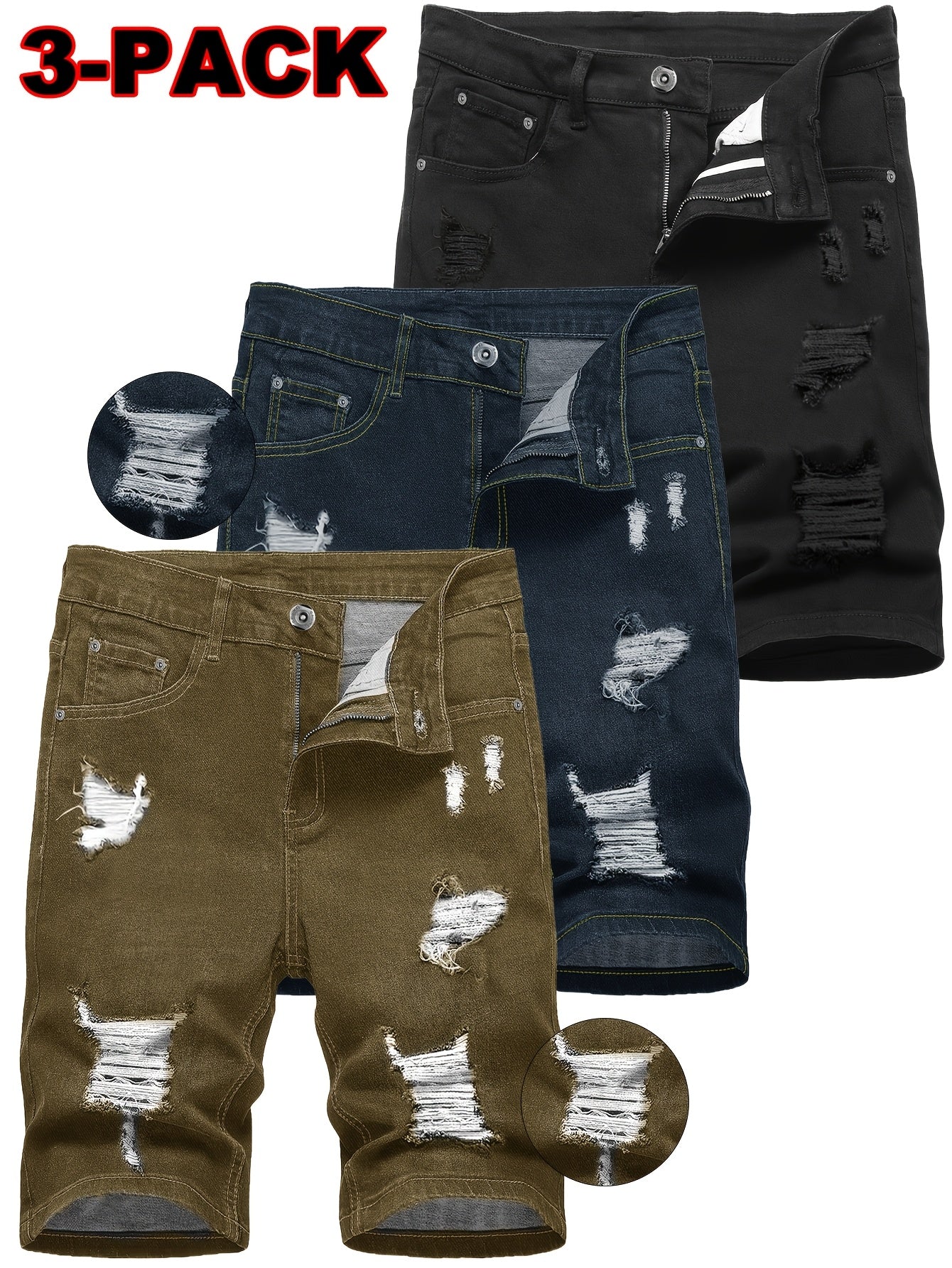 3-pack Men'S Jeans - Trendy Ripped Denim Shorts - Stylish, Versatile, Slim Fit, Casual Pants - New - Perfect For Outdoor Camping And Sports
