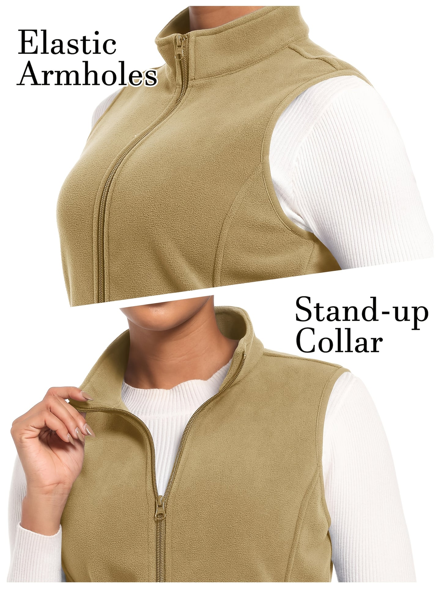 Women'S Fleece Zip Vest Lightweight Warm Sleeveless Jacket Stand Up Collar Windproof Soft Outerwear Vest with 4 Pockets Elastic Armholes for Camping Riding Office Outdoor Party Spring Fall Winter