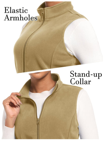 Women'S Fleece Zip Vest Lightweight Warm Sleeveless Jacket Stand Up Collar Windproof Soft Outerwear Vest with 4 Pockets Elastic Armholes for Camping Riding Office Outdoor Party Spring Fall Winter