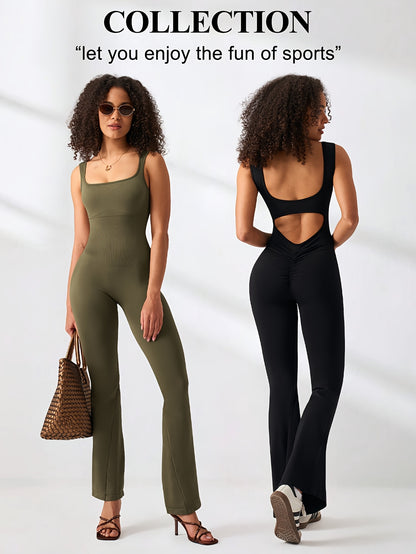 2pcs Women Flare Jumpsuit, Square Neck Hollow Out Backless Sexy Hip Folds, for And Daily Wear Women'S First Choice for Christmas And Thanksgiving Gifts
