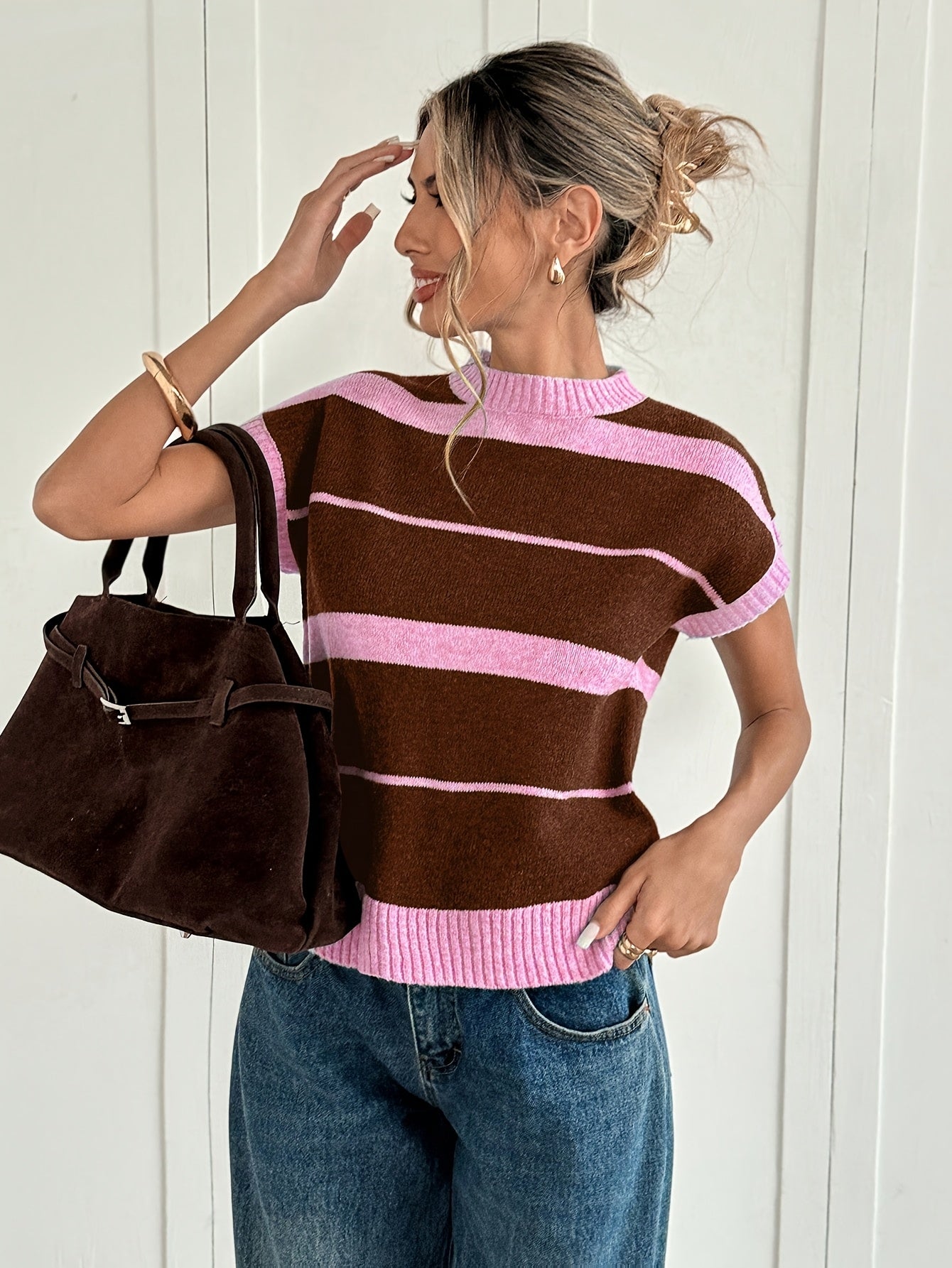 Women'S Striped Sweater - Fall/Winter Cozy, Short Sleeve, Trendy Chic, Breathable Knitwear, Ideal for Casual Fridays, Coffee Dates, Outdoor Gatherings