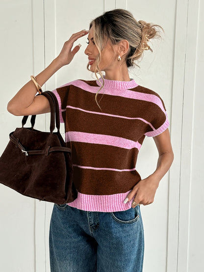 Women'S Striped Sweater - Fall/Winter Cozy, Short Sleeve, Trendy Chic, Breathable Knitwear, Ideal for Casual Fridays, Coffee Dates, Outdoor Gatherings