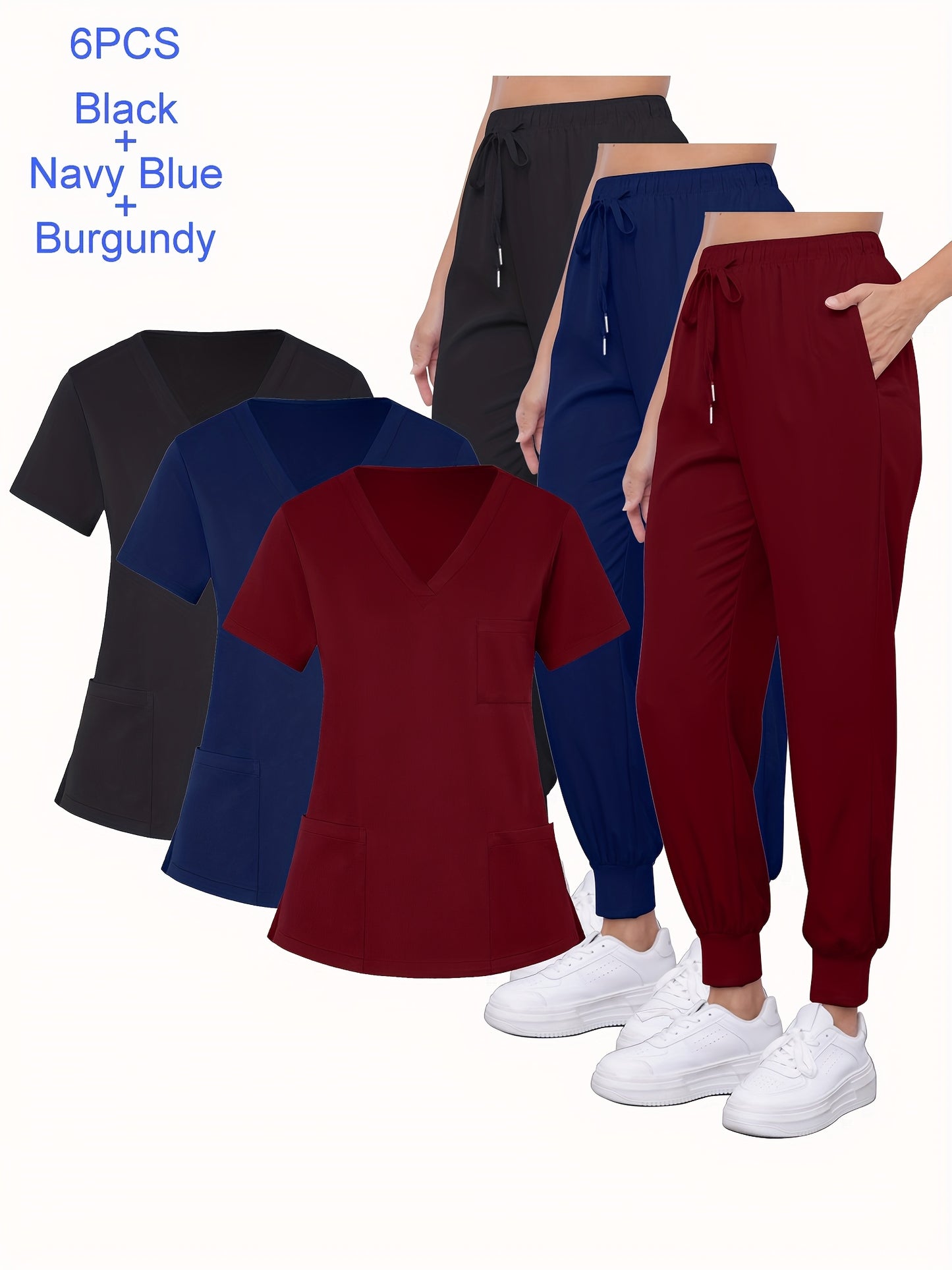 6pcs Set of Women'S V-Neck Matte Breathable Uniform Pocket Hand Washing Work Clothes Brush Hand Clothes Tying Feet Pants Set