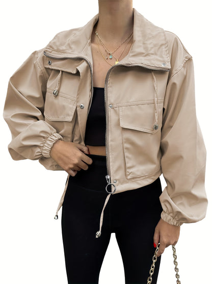 Women'S Cropped Jacket Zip Up Lightweight Oversized Utility Anorak Coat with Pockets