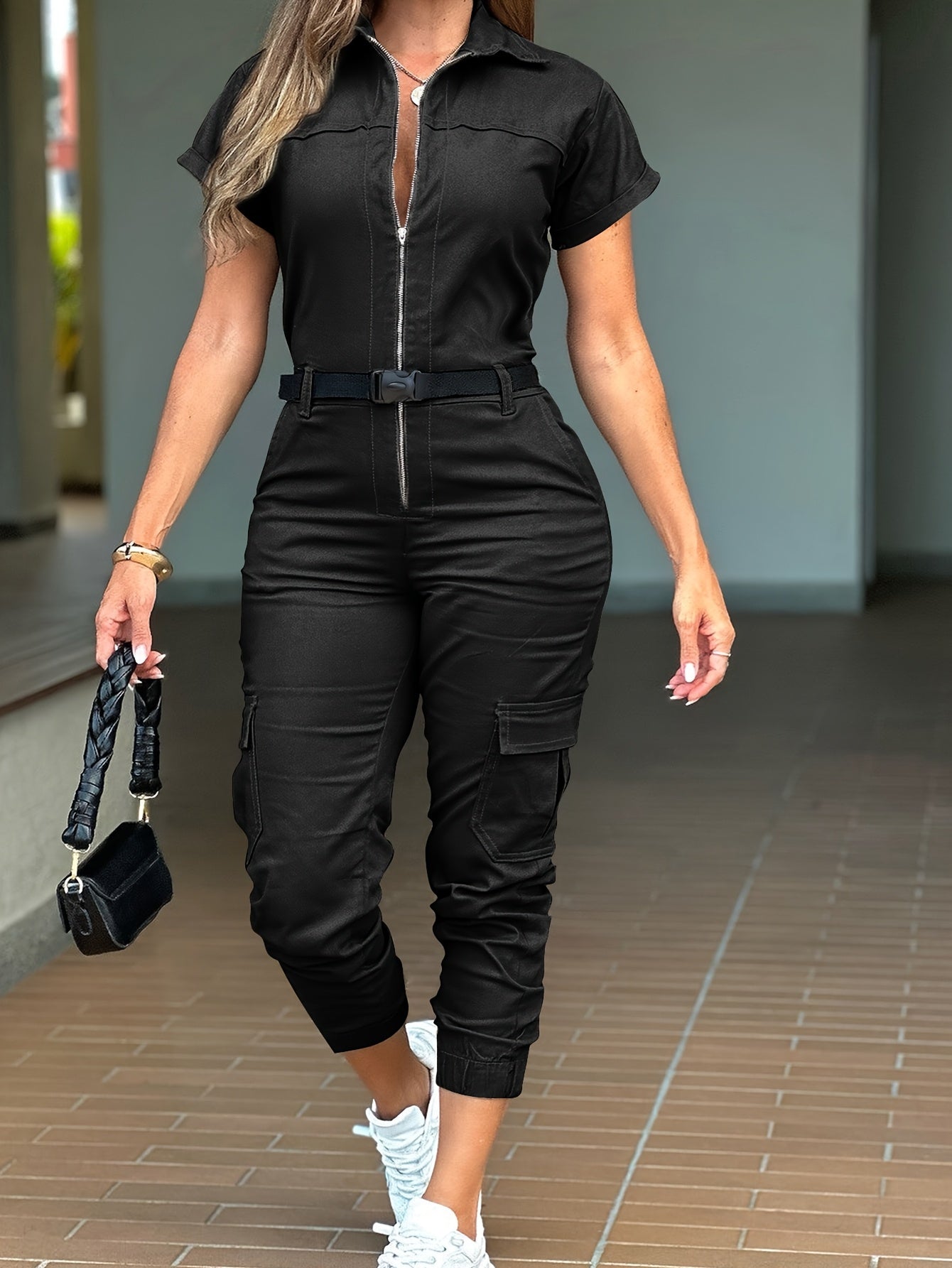 Women's Casual Zip Up Cargo Jumpsuit Short-Sleeve Design with Functional Pockets