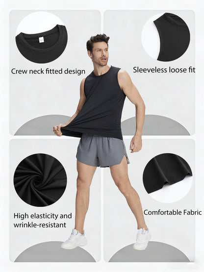5pcs Men's Quick-Dry Sleeveless Athletic Vests - Breathable Moisture-Wicking Shirts, Solid Color Round Neck Gym Wear Suitable for Sports, Fitness, Outdoor Activities, Spring & Summer, Machine Washable Sleeveless
